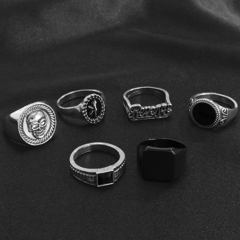Gothic Skull Ring - 6Pcs Vintage Black Stone Rings for