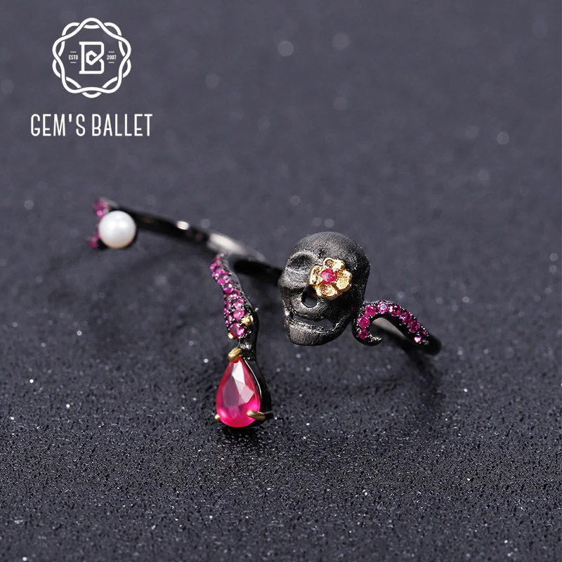 GEM'S BALLET Natural Ruby Gems - Gothic Skull Ring 评论和价格