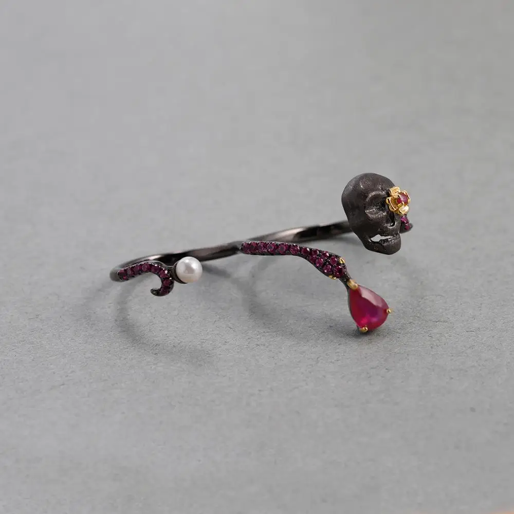 GEM'S BALLET Natural Ruby Gems - Gothic Skull Ring 评论和价格