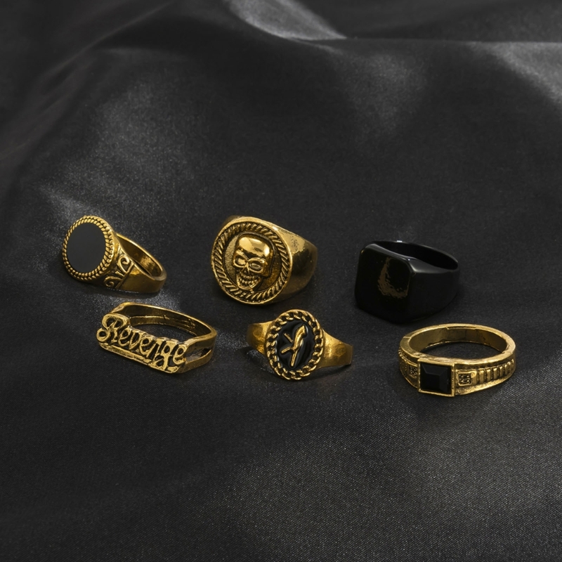 6Pcs Vintage Black Stone Rings - Gothic Skull Ring 评论和价格