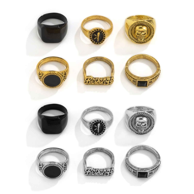 6Pcs Vintage Black Stone Rings - Gothic Skull Ring 评论和价格