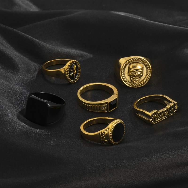 6Pcs Vintage Black Stone Rings - Gothic Skull Ring 评论和价格